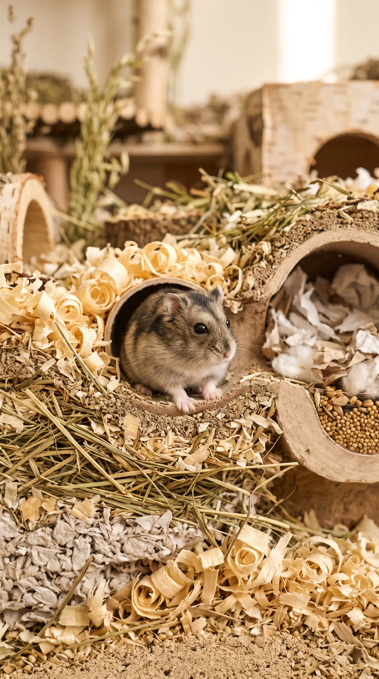 Hamster-anão emergindo do túnel de cortiça em substrato profundo de maravalha e feno