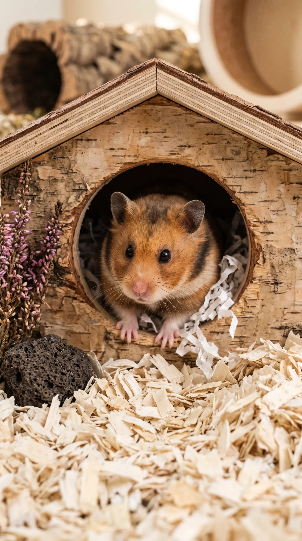 Hamster-sírio à porta da casinha de casca de bétula, entre urze seca e maravalha