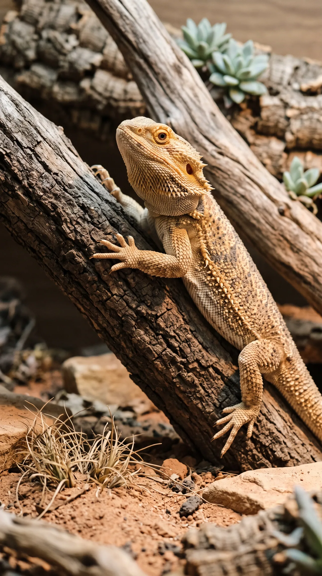 Pogona escalando galho de madeira em habitat desértico com suculentas